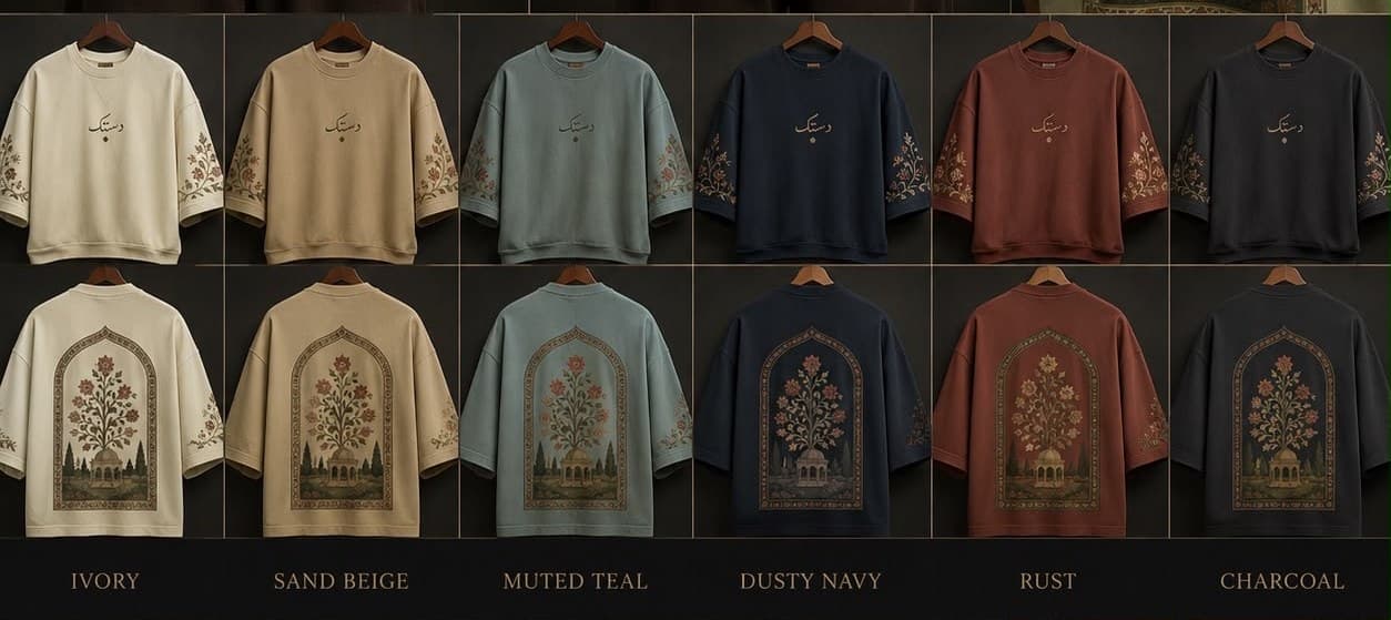 Six heritage colorways — Ivory, Sand Beige, Muted Teal, Dusty Navy, Rust and Charcoal