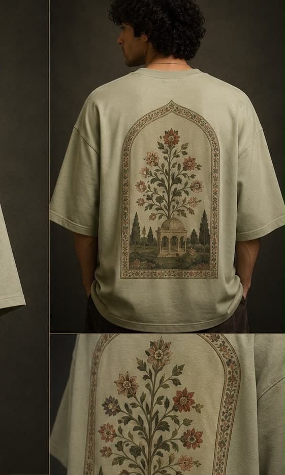 Concept sketch: tee embroidered with a garden pavilion motif