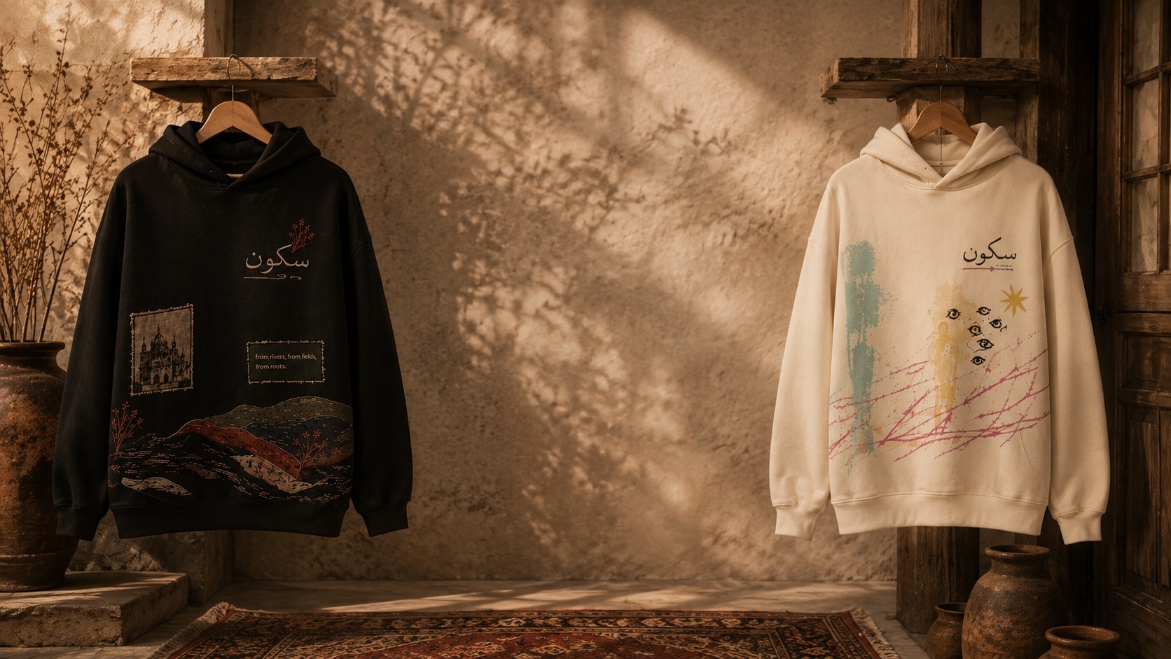 Black and cream Sukoon hoodies hung side by side against a sunlit sandstone wall