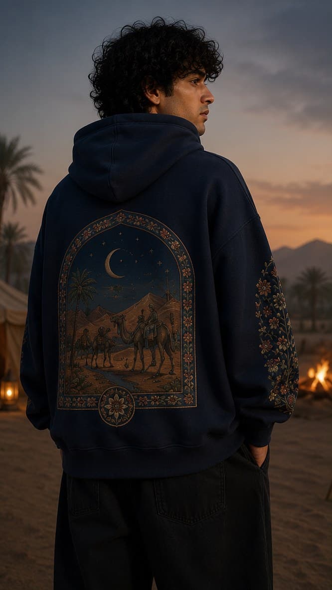 Concept sketch: hoodie embroidered with a desert caravan under a crescent moon, dusk light