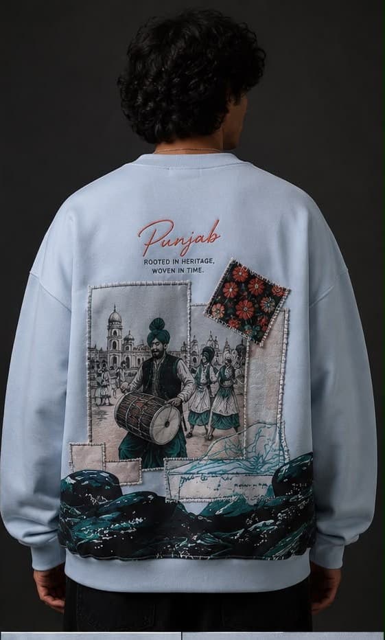 Concept sketch: sweatshirt embroidered with a courtyard celebration scene, dhol drummer and dancers