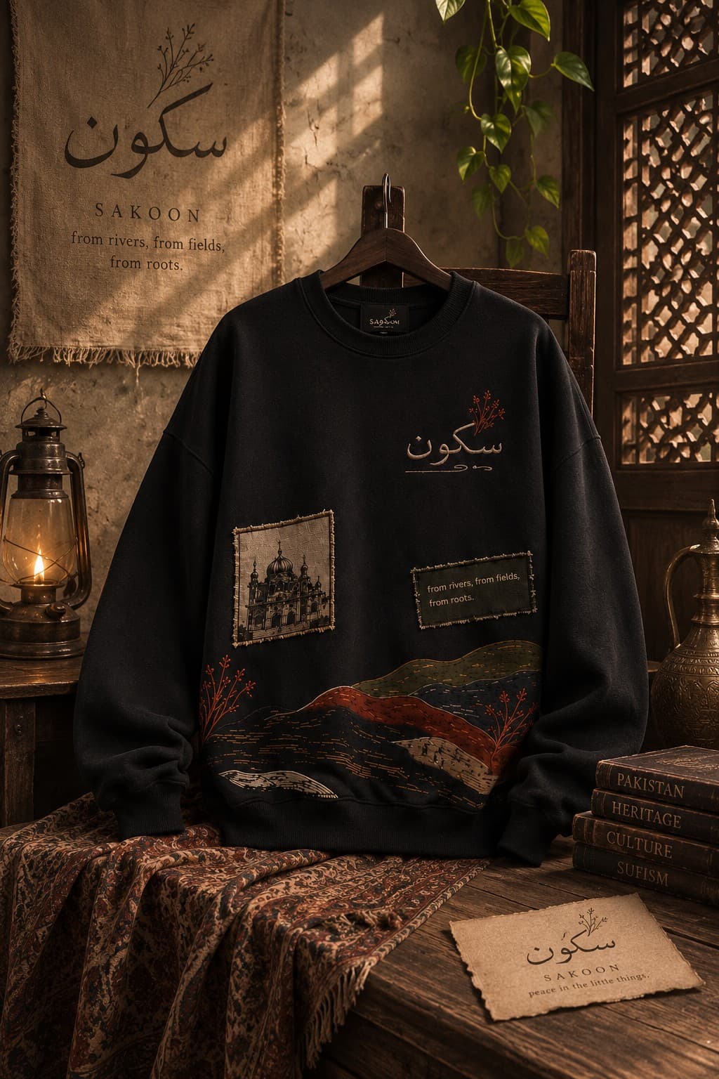 Sakoon black crewneck hung against a sunlit sandstone wall beside a woven سکون wall-hanging