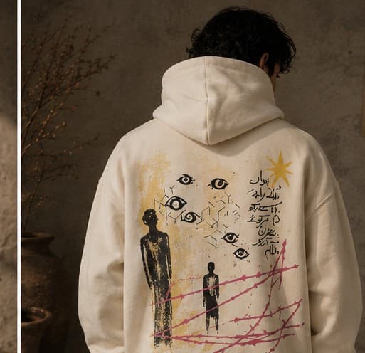 Man wearing the Sitara ivory hoodie, back view, painted human silhouettes in gold, teal and rose behind barbed wire beneath a row of watching eyes and a gold star