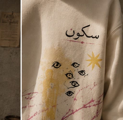 Close-up of the Sitara hoodie's embroidered سکون wordmark and hand-painted eyes and star