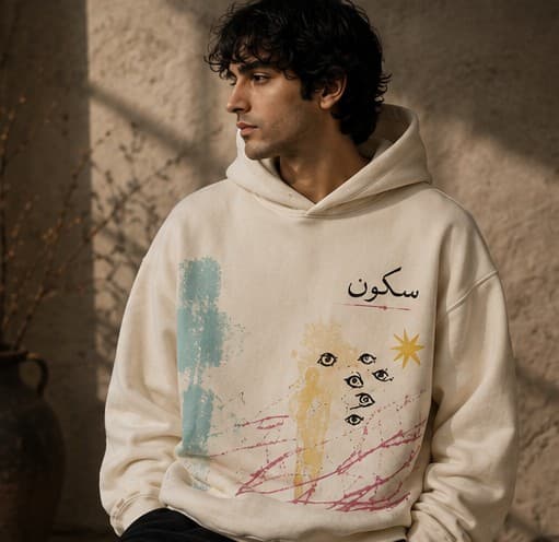 Man wearing the Sitara ivory hoodie, front view, embroidered سکون at the chest above painted figures, watching eyes and a gold star