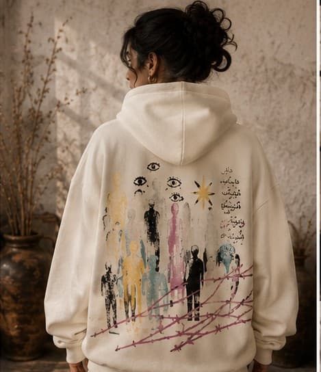 Woman wearing the Sitara ivory hoodie, back view, a row of colorful painted figures behind barbed wire under watching eyes and a gold star